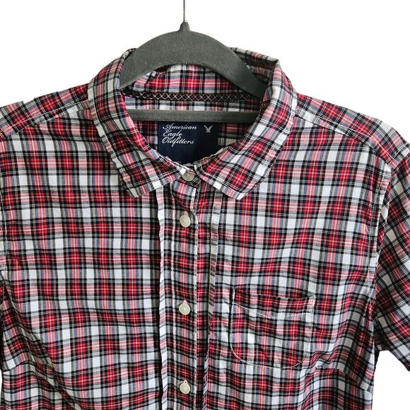 American Eagle Outfitters Women's 10 Classic Plaid Button Down Red Cotton Fall - Picture 3 of 6